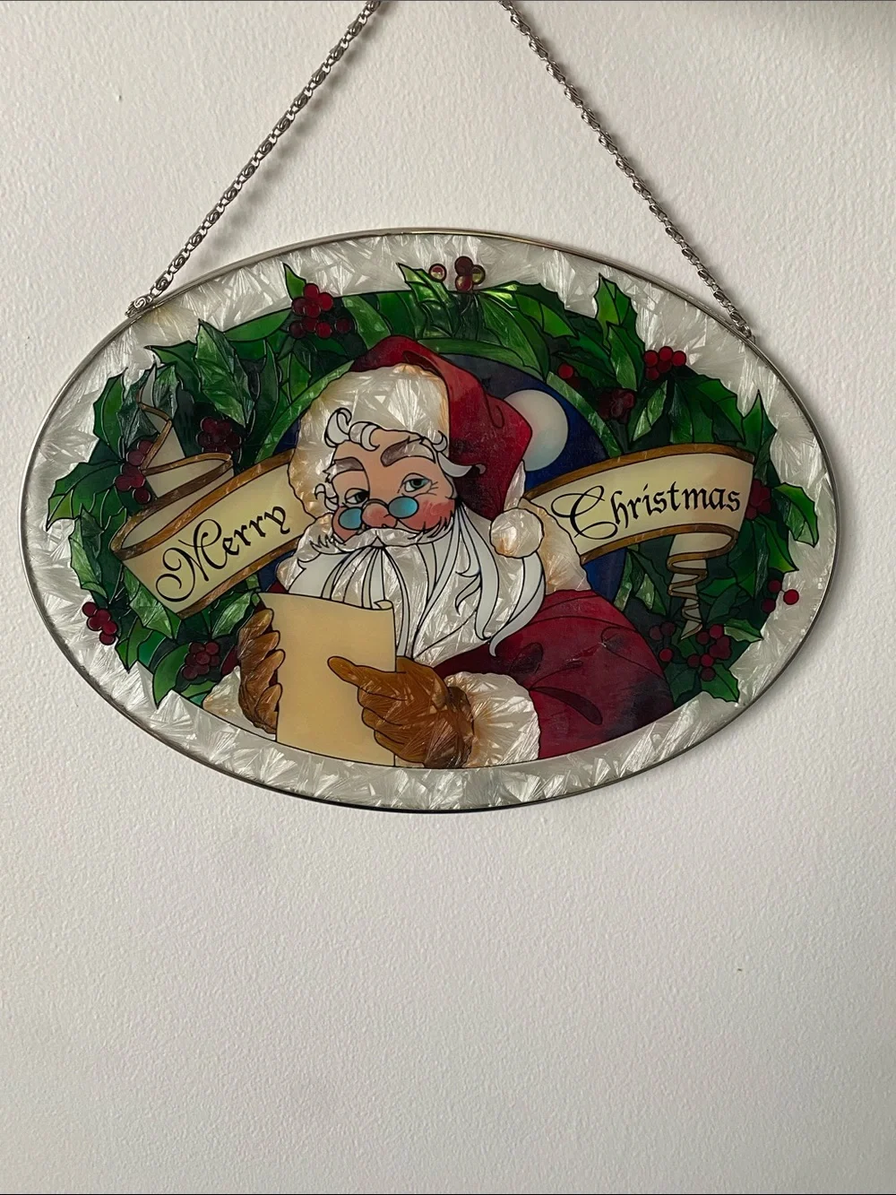 Santa Claus Stained Glass Style Holiday Wall Hanging Art Panel, Santa's List NWT